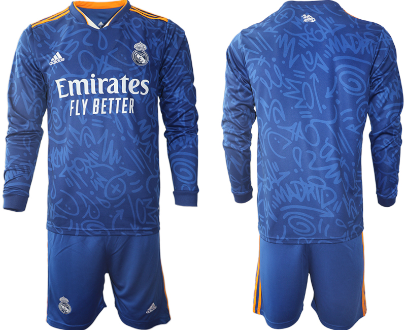 Men 2021-2022 Club Real Madrid away blue Long Sleeve blank Soccer Jersey
